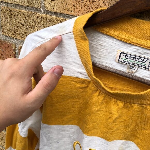 Striped Guess Shirt Crewneck Sweater Large Yellow/White - Picture 4 of 6